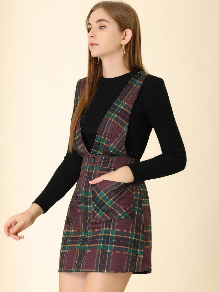 Allegra K Plaid Overall Dress V Neck Mini Pinafore Suspender Skirt