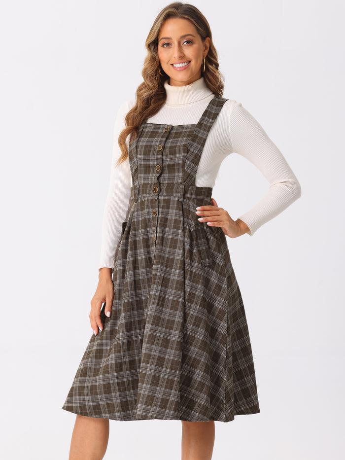 Allegra K Plaid Overall Vintage Sleeveless Pockets A-Line Pinafore Dress
