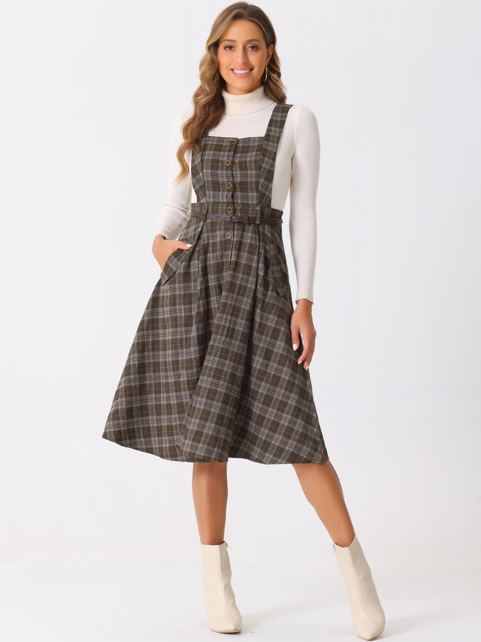 allegra k Plaid Overall Vintage Sleeveless Pockets A-Line Pinafore Dress