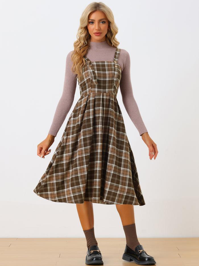 Allegra K Plaid Overalls Sleeveless Suspender A-Line Pinafore Dress