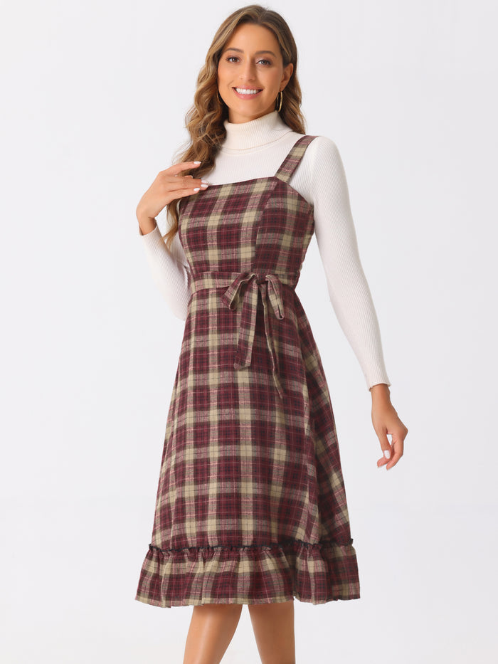 Allegra K Plaid Ruffled Sleeveless Tie Waist A-Line Pinafore Overall Dress