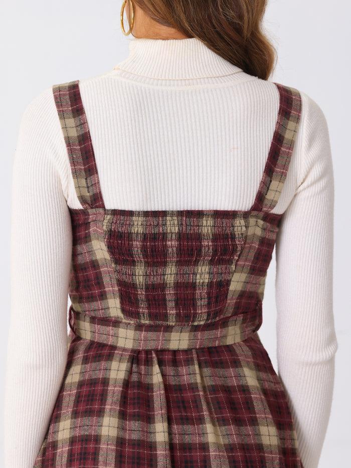 Allegra K Plaid Ruffled Sleeveless Tie Waist A-Line Pinafore Overall Dress