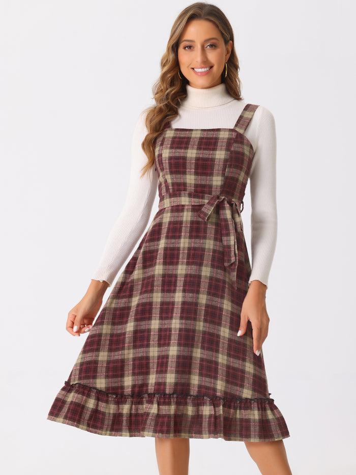 allegra k Plaid Ruffled Sleeveless Tie Waist A-Line Pinafore Overall Dress