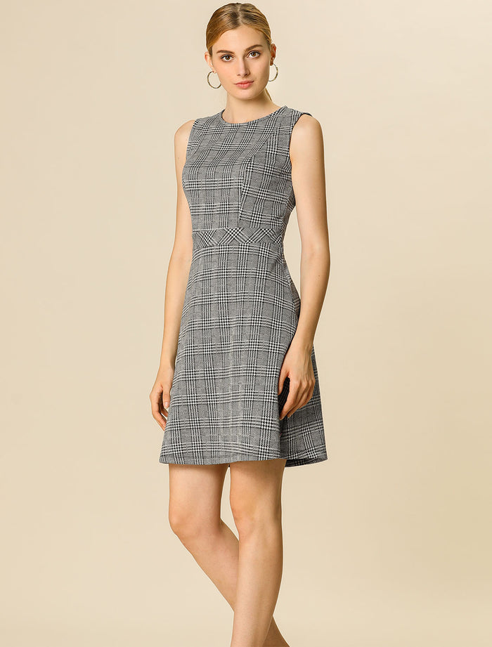 Allegra K Plaid Sleeveless Fit And Flare Houndstooth Work Dress