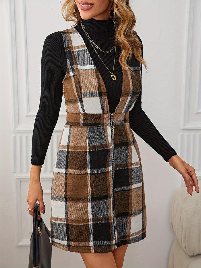 Allegra K Plaid Sleeveless Zipper Pinafore Overall Mini Dress