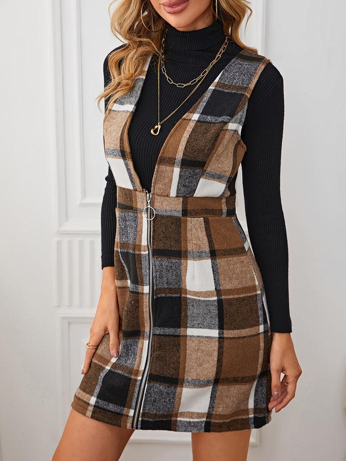 Allegra K Plaid Sleeveless Zipper Pinafore Overall Mini Dress