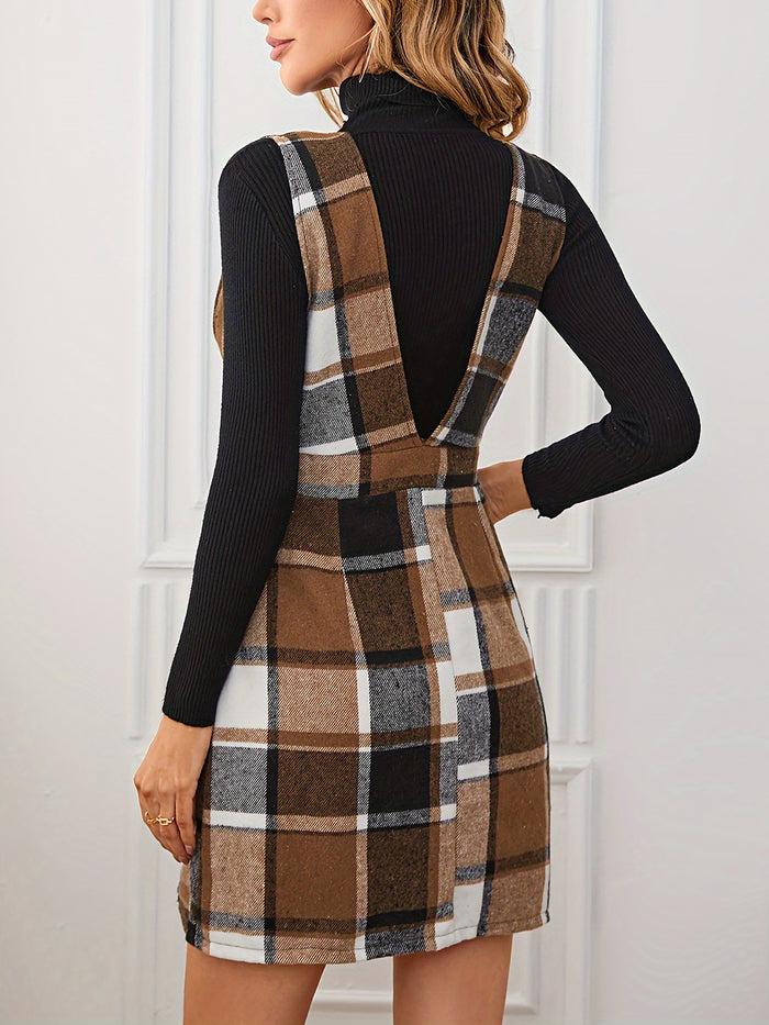 Allegra K Plaid Sleeveless Zipper Pinafore Overall Mini Dress