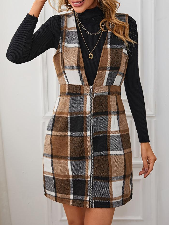 allegra k Plaid Sleeveless Zipper Pinafore Overall Mini Dress