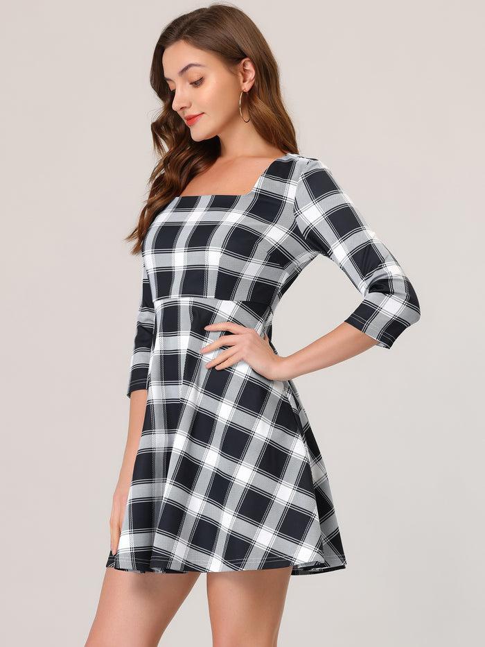 Allegra K Plaid Square Neck Pockets High Waist Long Sleeve A-Line Dress