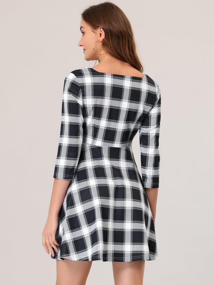 Allegra K Plaid Square Neck Pockets High Waist Long Sleeve A-Line Dress
