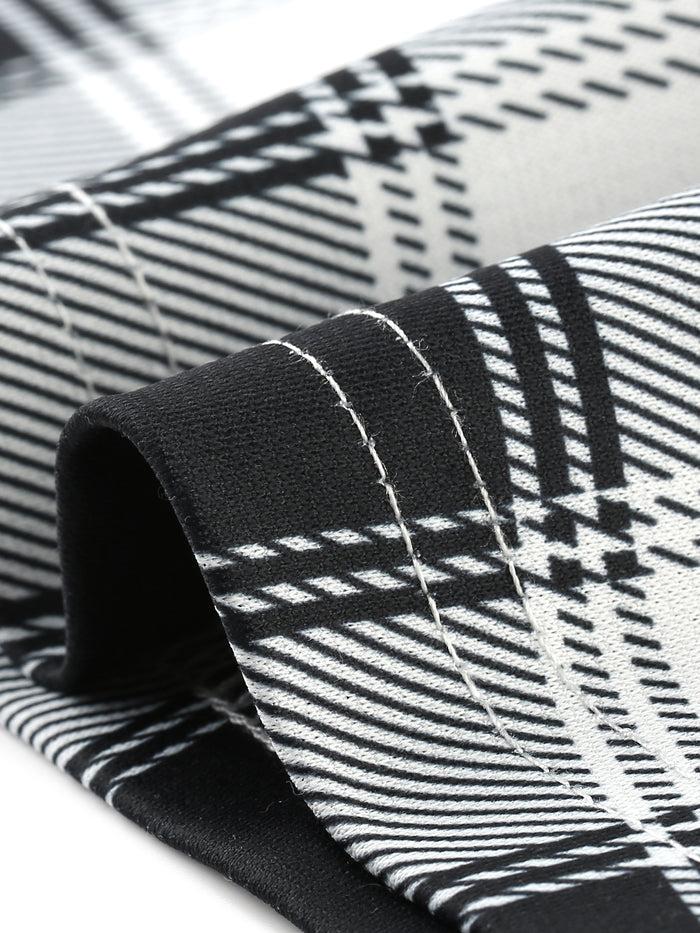 Allegra K Plaid Square Neck Pockets High Waist Long Sleeve A-Line Dress