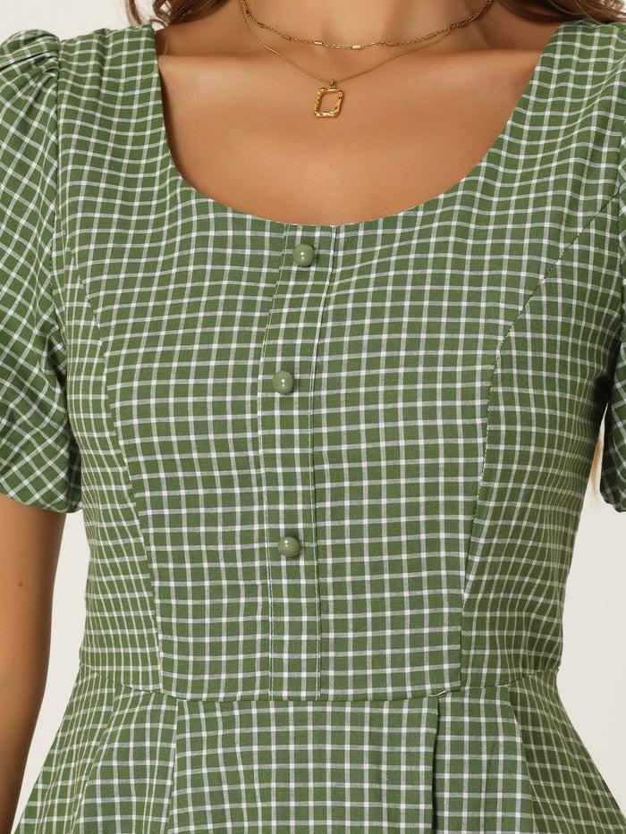 Allegra K Plaid Summer Pleated Back Button Decor Puff Sleeve Midi Dress