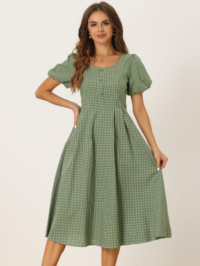 allegra k Plaid Summer Pleated Back Button Decor Puff Sleeve Midi Dress