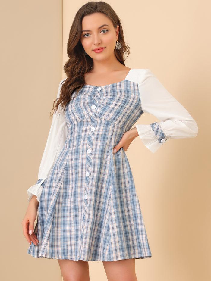 Allegra K Plaid Sweetheart Neck Elegant Button Decor A-Line Party Mini Dress