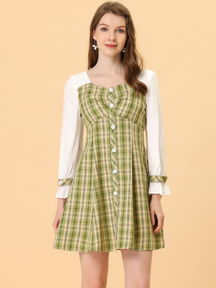 Allegra K Plaid Sweetheart Neck Elegant Button Decor A-Line Party Mini Dress