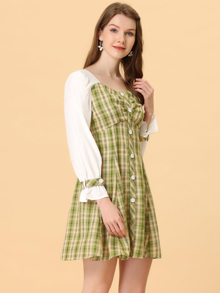 Allegra K Plaid Sweetheart Neck Elegant Button Decor A-Line Party Mini Dress