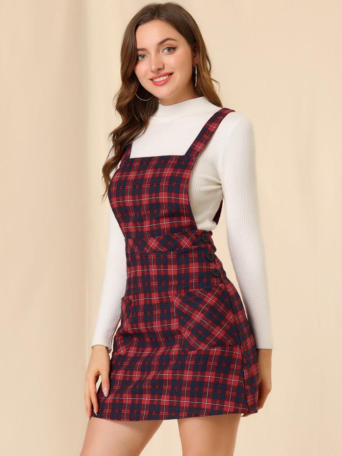 Allegra K Plaid Tartan Button Decor A-Line Pinafore Overall Dress