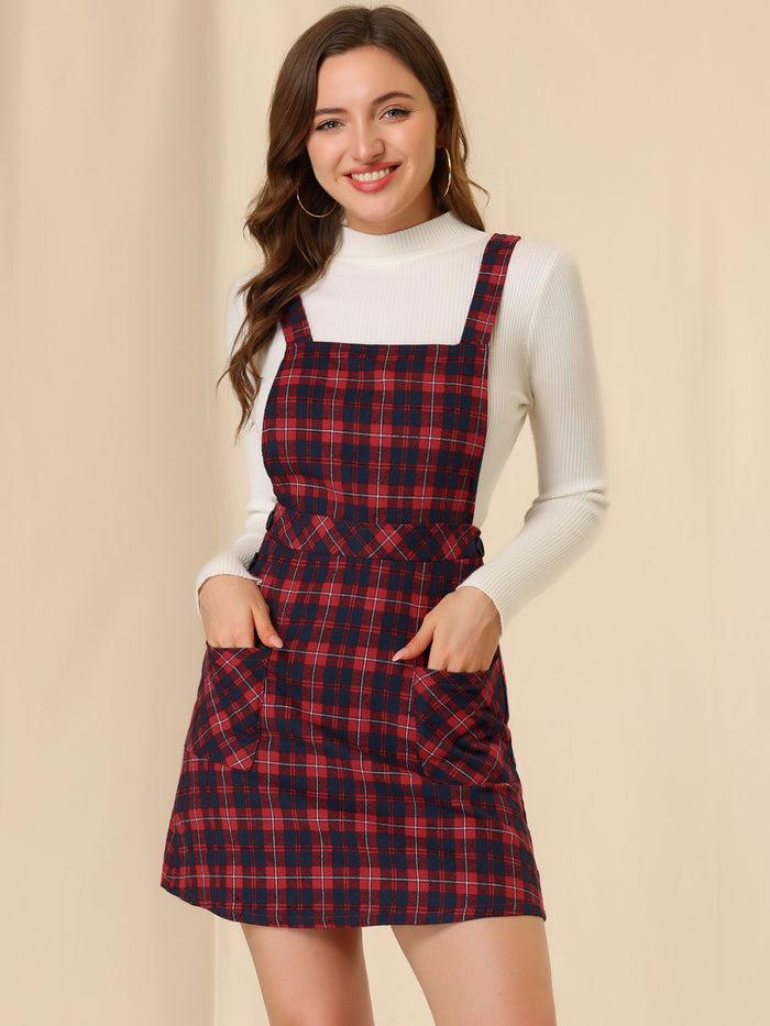 Allegra K Plaid Tartan Button Decor A-Line Pinafore Overall Dress