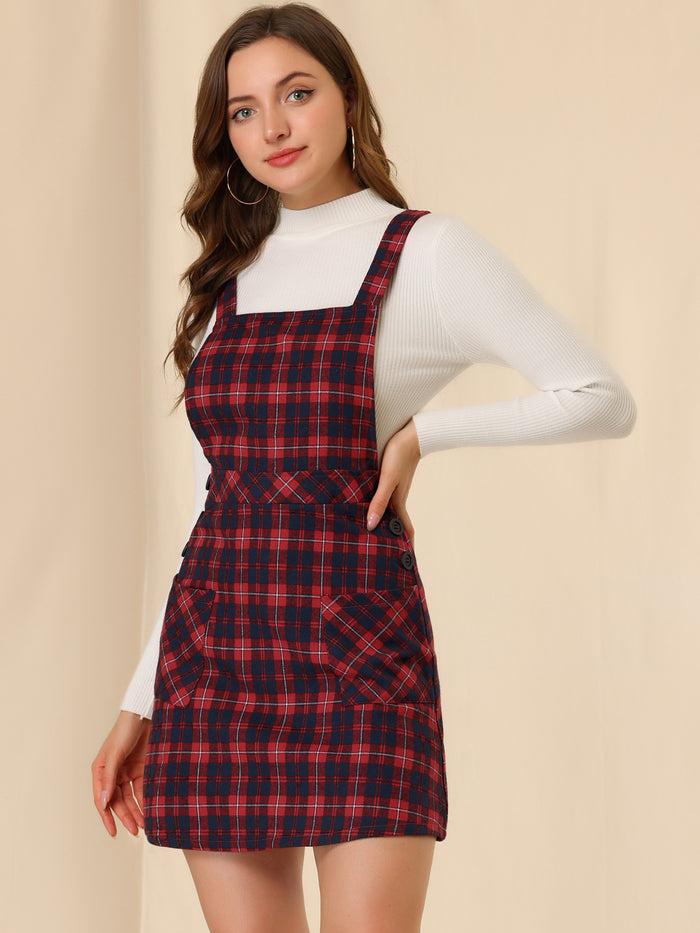 Allegra K Plaid Tartan Button Decor A-Line Pinafore Overall Dress