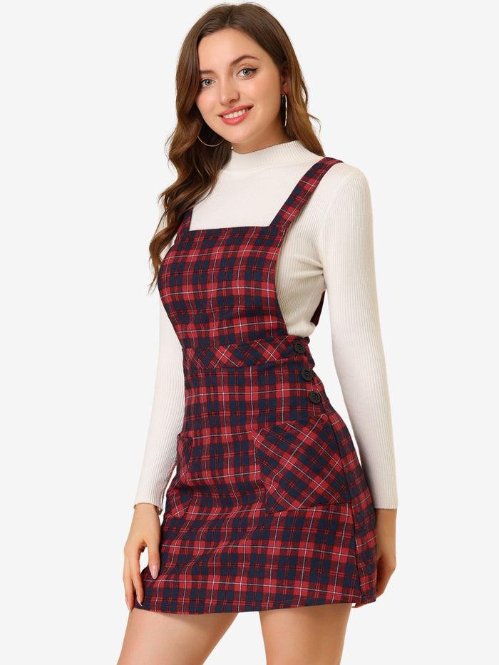 allegra k Plaid Tartan Button Decor A-Line Pinafore Overall Dress