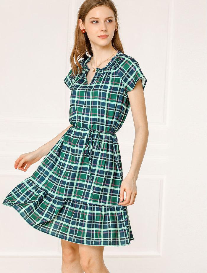 Allegra K Plaid Tie Waist Belted Keyhole Short Sleeve Ruffle Neck Dress