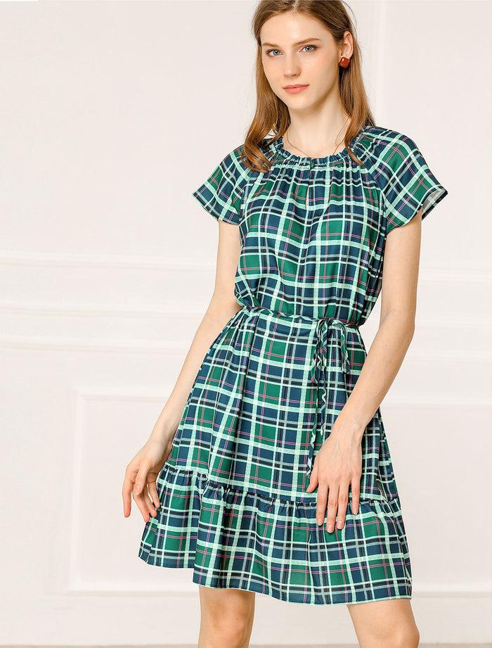 Allegra K Plaid Tie Waist Belted Keyhole Short Sleeve Ruffle Neck Dress