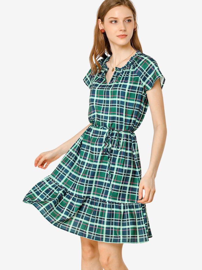 allegra k Plaid Tie Waist Belted Keyhole Short Sleeve Ruffle Neck Dress