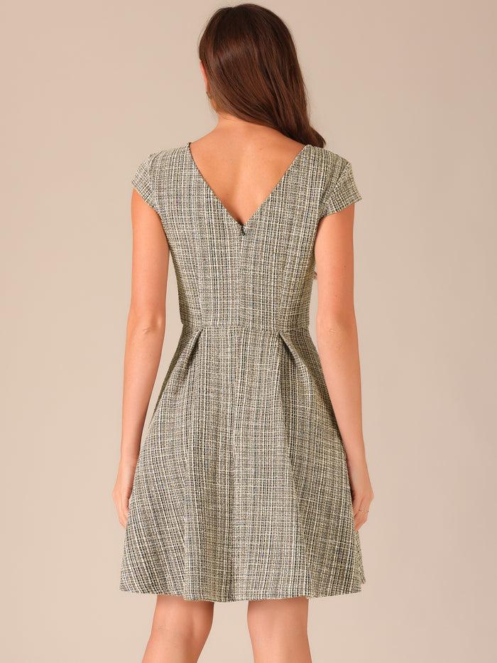Allegra K Plaid Tweed Round Neck Cap Sleeve A-Line Vintage Pleated Dress