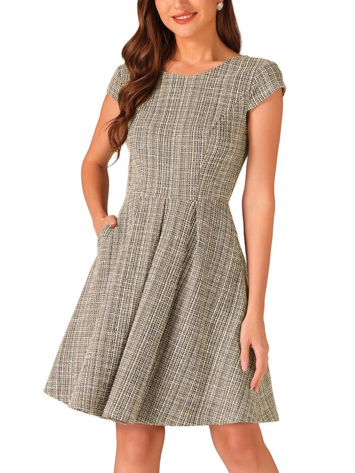 Allegra K Plaid Tweed Round Neck Cap Sleeve A-Line Vintage Pleated Dress