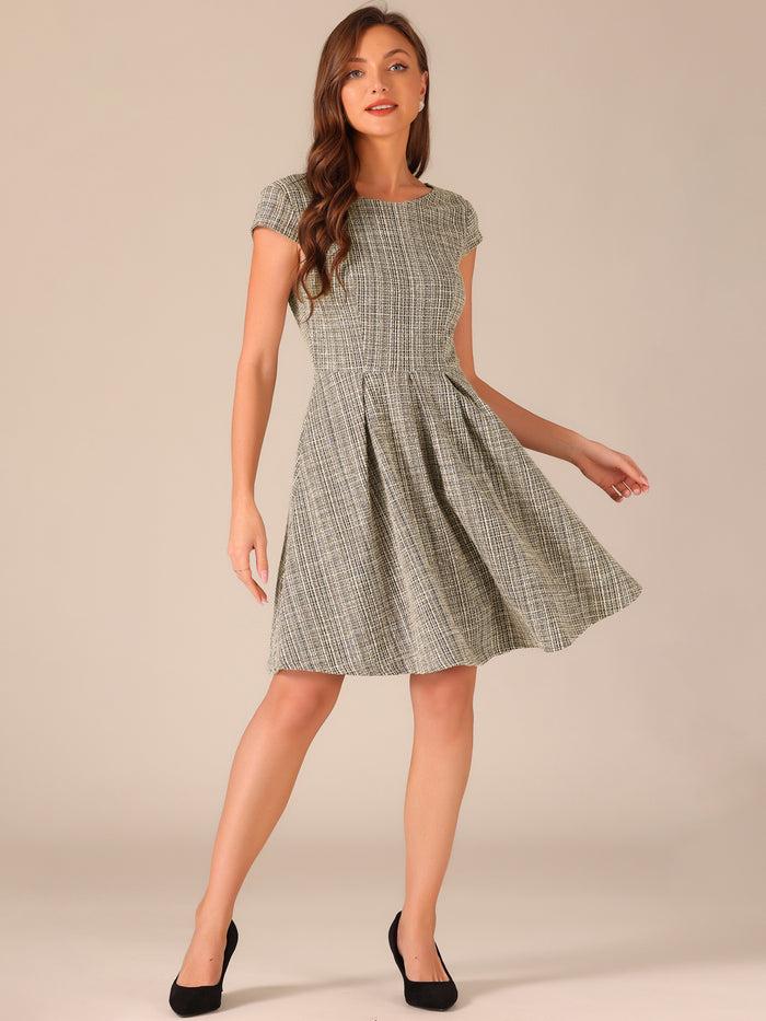 allegra k Plaid Tweed Round Neck Cap Sleeve A-Line Vintage Pleated Dress