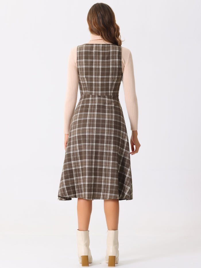 Allegra K Plaid Vintage Sleeveless A-Line Pocketed Midi Pinafore Dress
