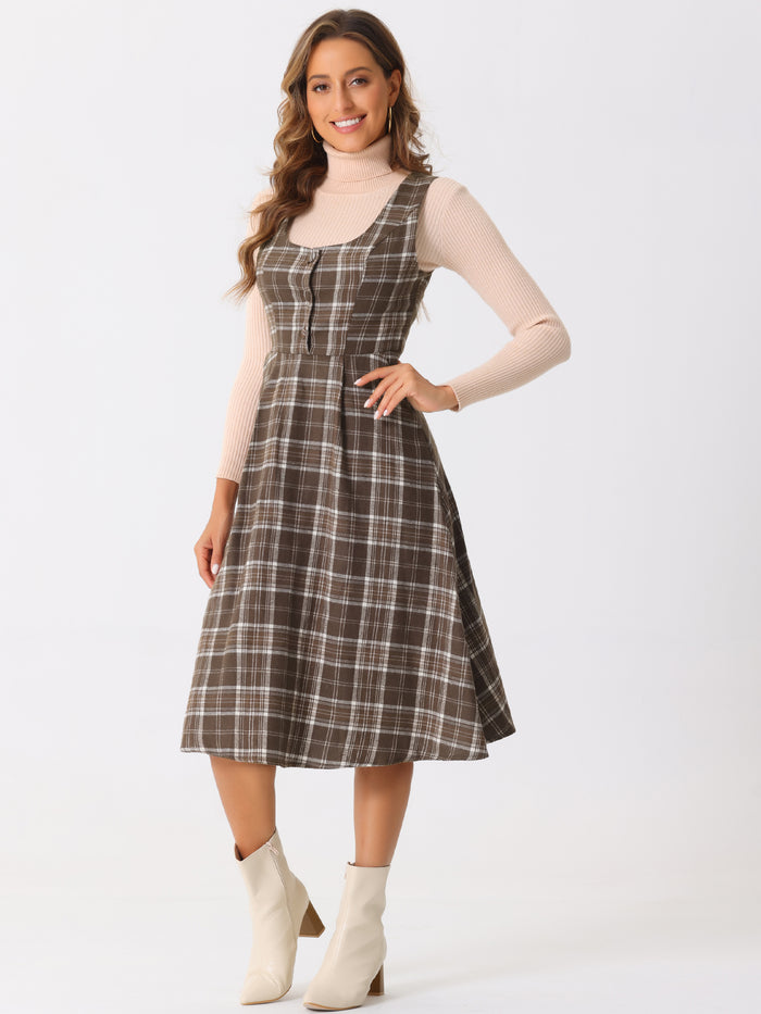 allegra k Plaid Vintage Sleeveless A-Line Pocketed Midi Pinafore Dress