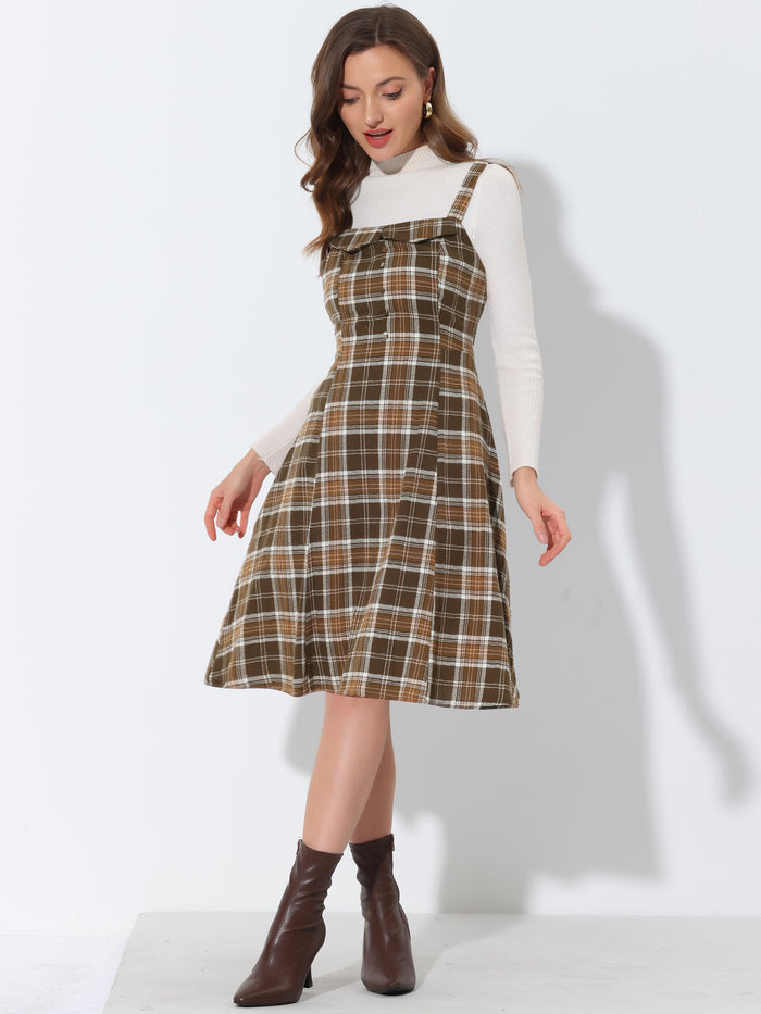 Allegra K Plaid Vintage Sleeveless Tie Waist A-Line Overall Pinafore Dress