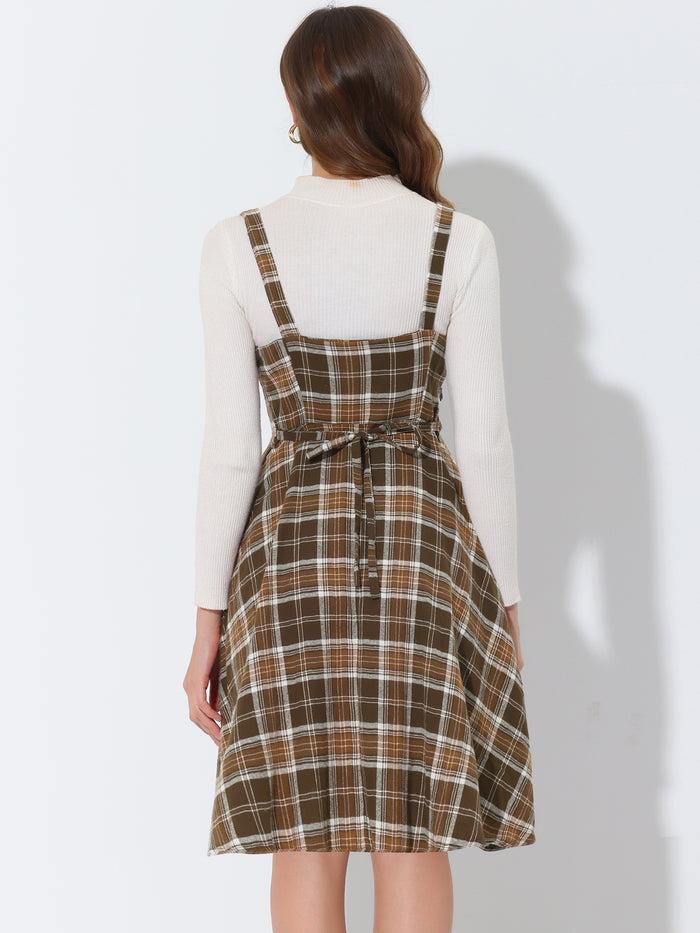 Allegra K Plaid Vintage Sleeveless Tie Waist A-Line Overall Pinafore Dress