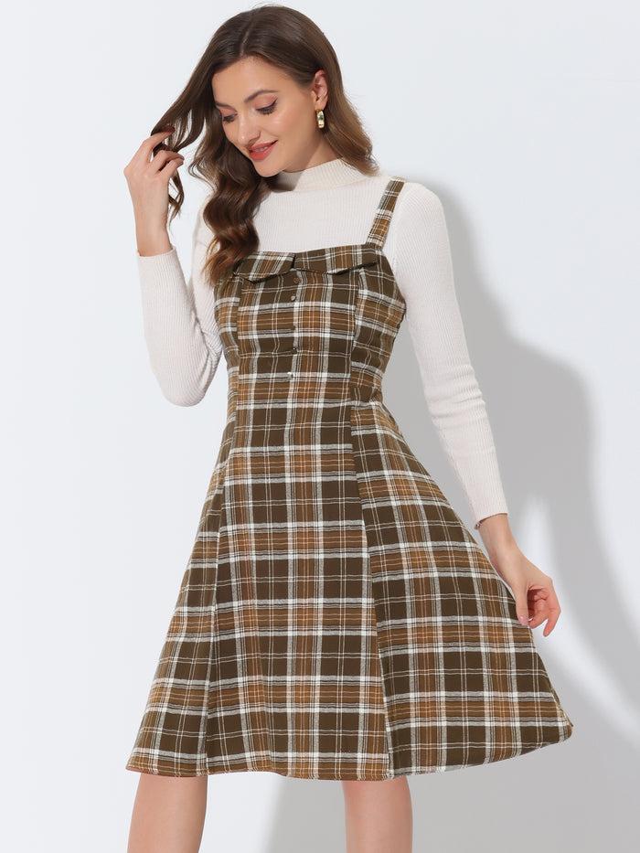 allegra k Plaid Vintage Sleeveless Tie Waist A-Line Overall Pinafore Dress