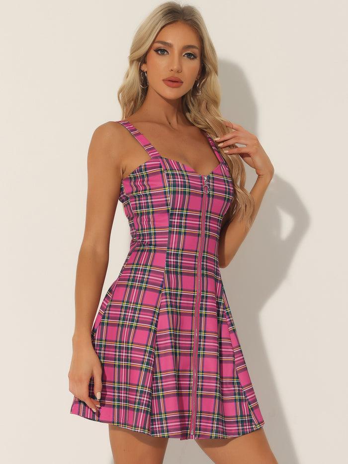allegra k Plaid Zipper Front Party Strap Sleeveless Tube Mini A-Line Dress