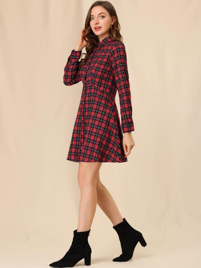 Allegra K Plaids Button Down Cotton Mini A-Line Shirt Dress