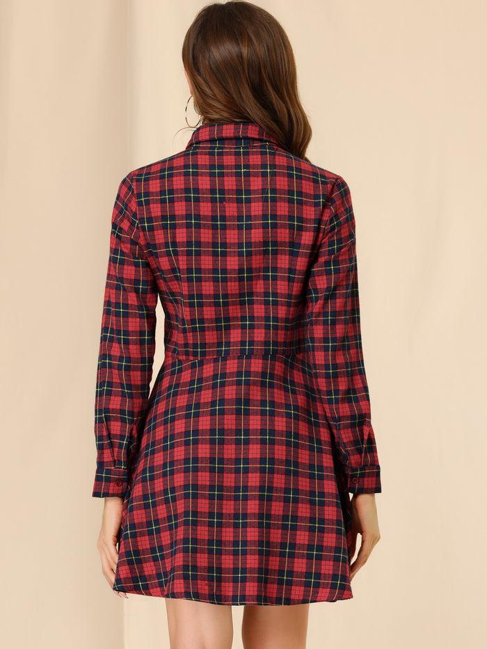 Allegra K Plaids Button Down Cotton Mini A-Line Shirt Dress