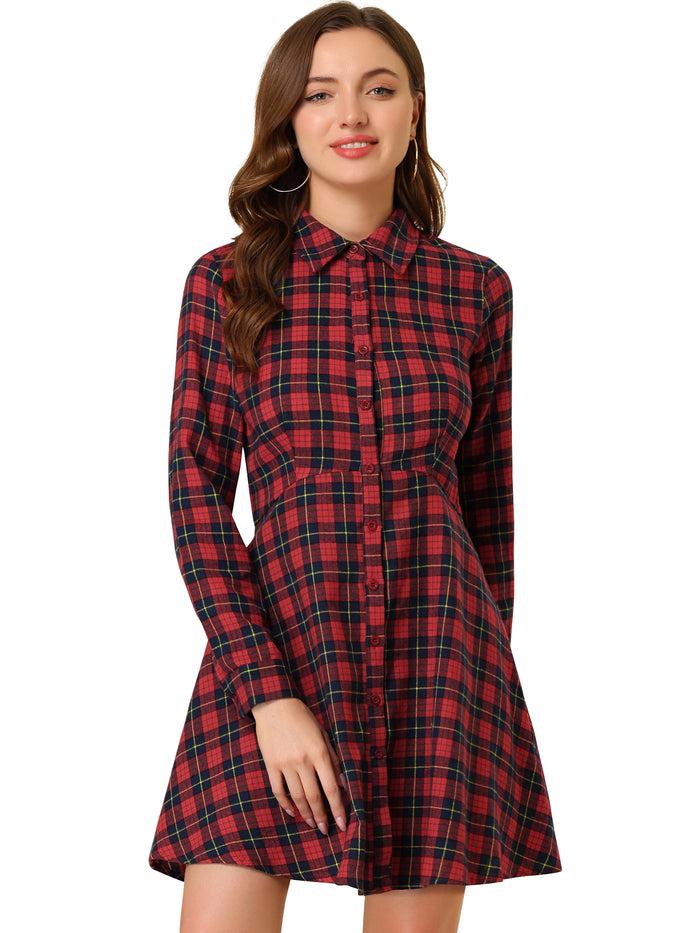 Allegra K Plaids Button Down Cotton Mini A-Line Shirt Dress