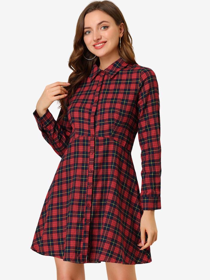 allegra k Plaids Button Down Cotton Mini A-Line Shirt Dress