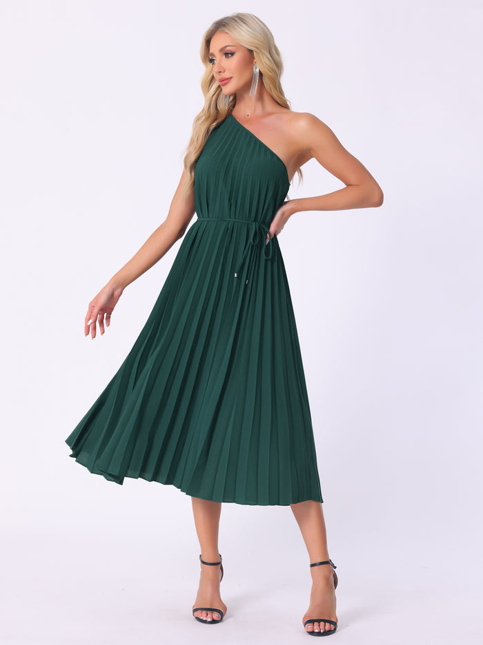 allegra k Pleated One Shoulder Sleeveless Cocktail Midi Dress