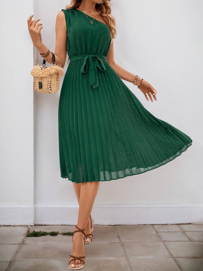 Allegra K Pleated One Shoulder Solid Color Midi Dress