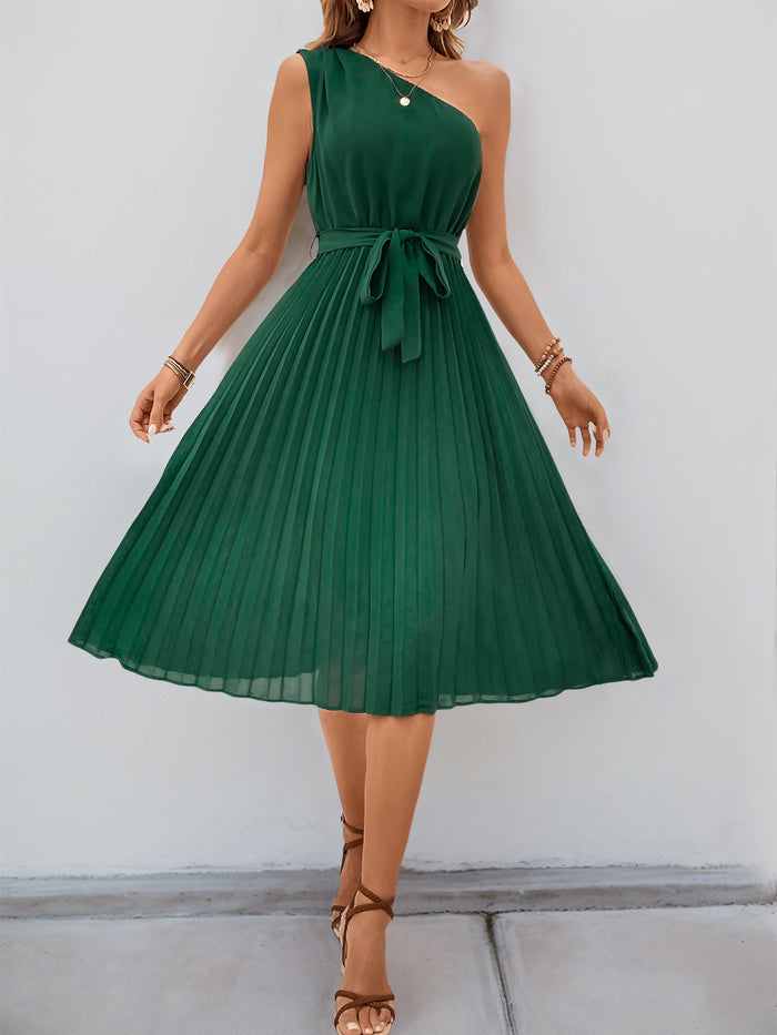 Allegra K Pleated One Shoulder Solid Color Midi Dress