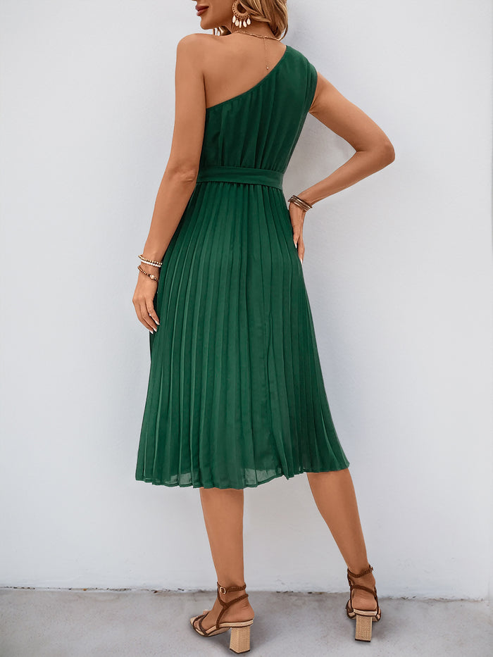 Allegra K Pleated One Shoulder Solid Color Midi Dress