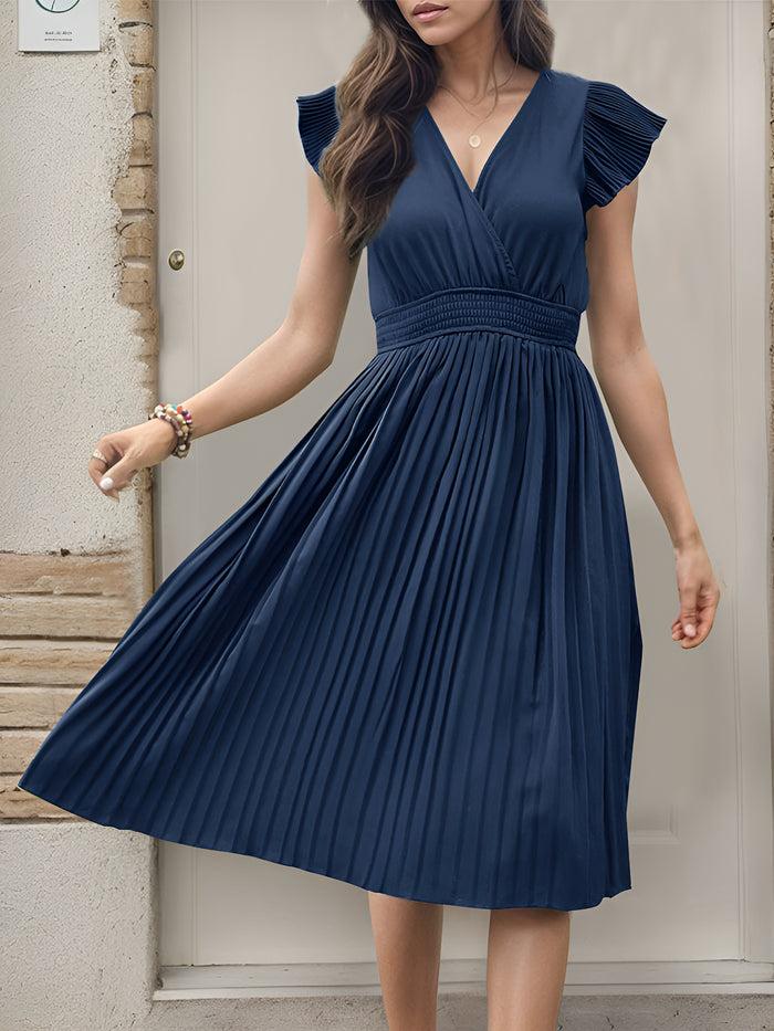 Allegra K Pleated Short Sleeves Solid Color Knee Length Dress