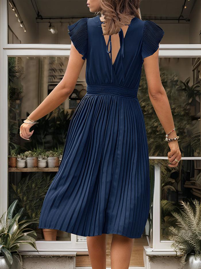 Allegra K Pleated Short Sleeves Solid Color Knee Length Dress