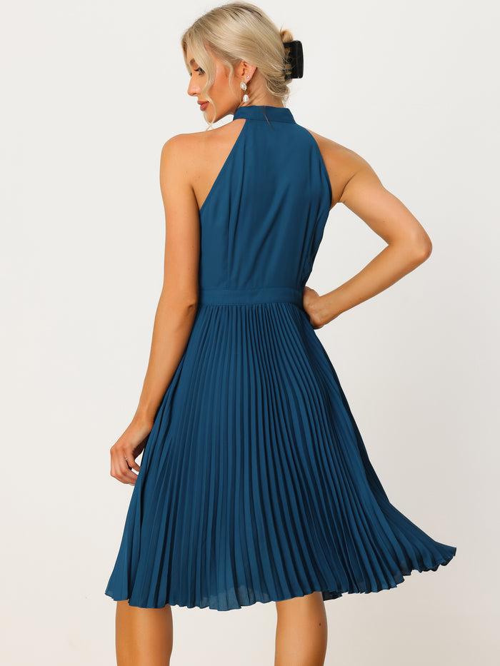 Allegra K Pleated Summer Tie Halter Neck Sleeveless Party Cocktail Dress