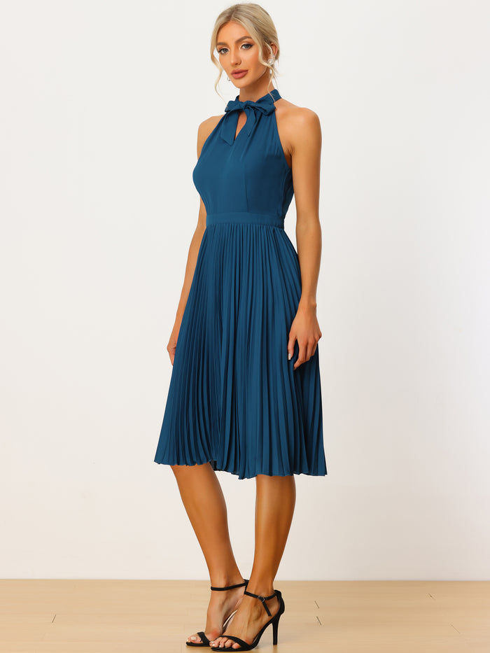 Allegra K Pleated Summer Tie Halter Neck Sleeveless Party Cocktail Dress