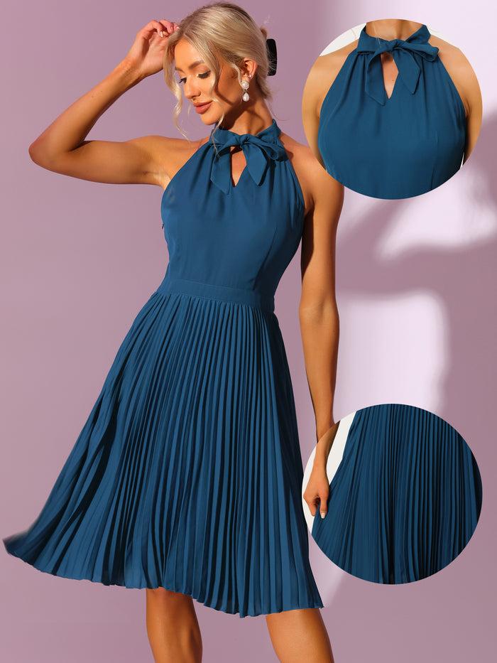 allegra k Pleated Summer Tie Halter Neck Sleeveless Party Cocktail Dress