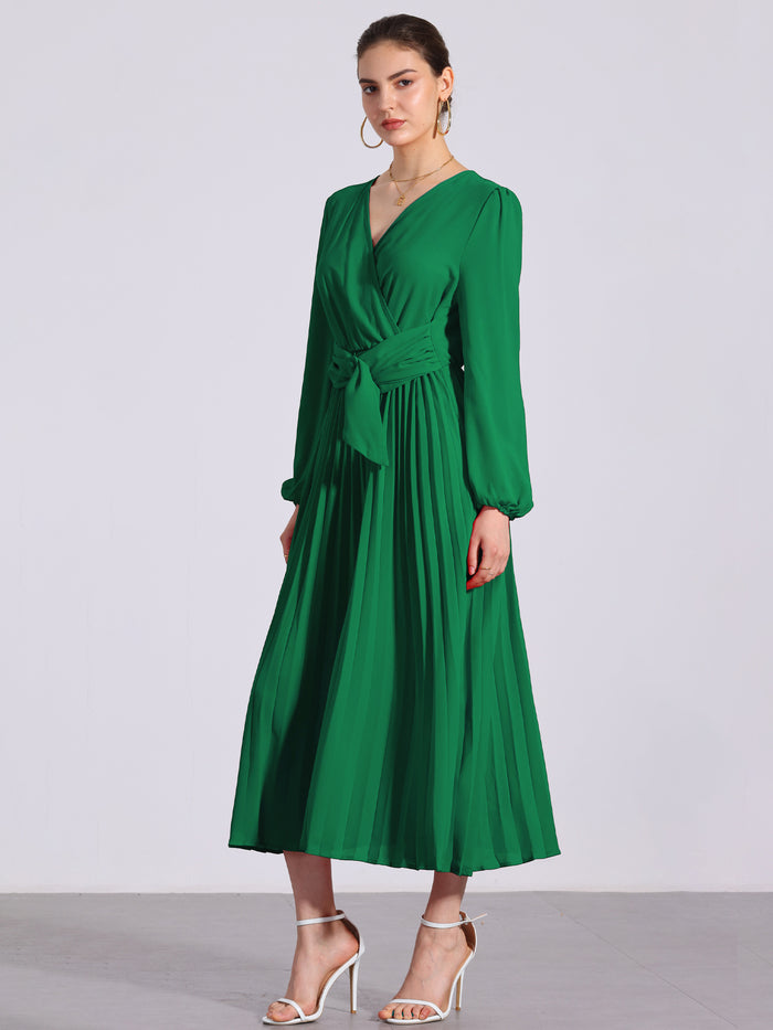 Allegra K Pleated V Neck Puff Sleeve Tie Waist A-Line Maxi Dress